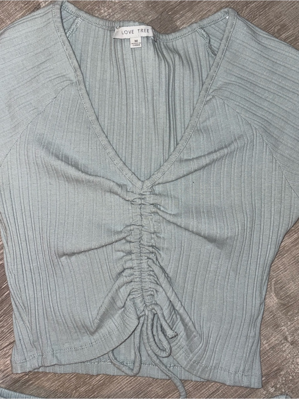 Love Tree Dusty Blue Ribbed Ruched Crop Top & Lounge Shorts Set - Picture 2 of 3
